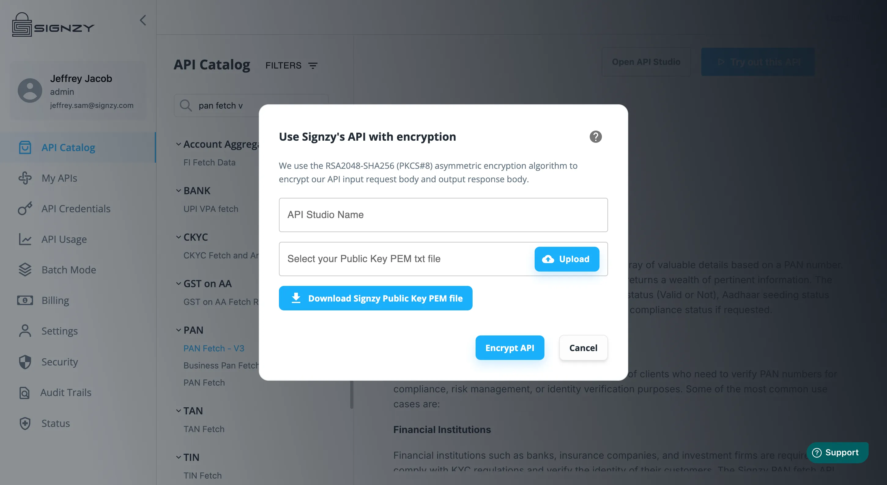 Upload the PEM file and click Encrypt API to generate your curl request and response.
