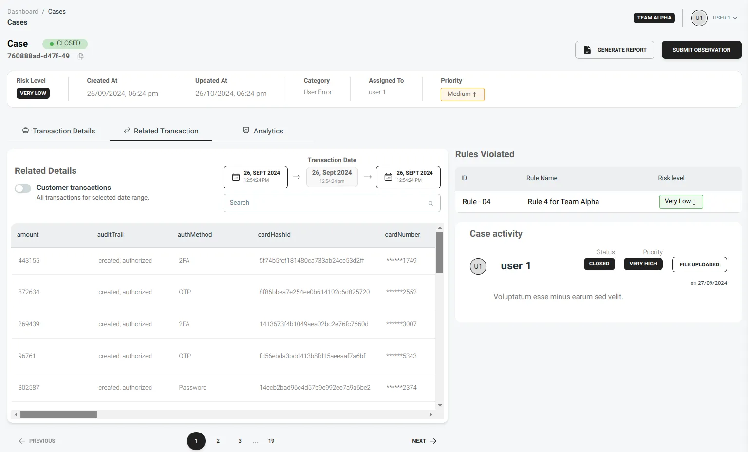 Case Details Page Displaying Total Transactions