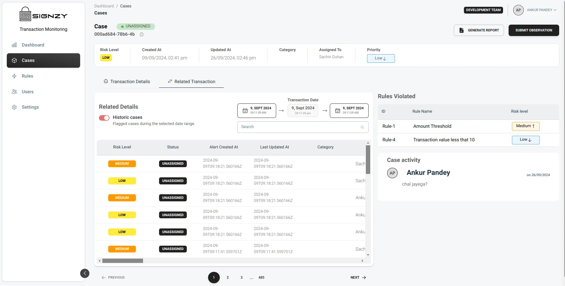 Case Details Page Displaying Flagged Transactions