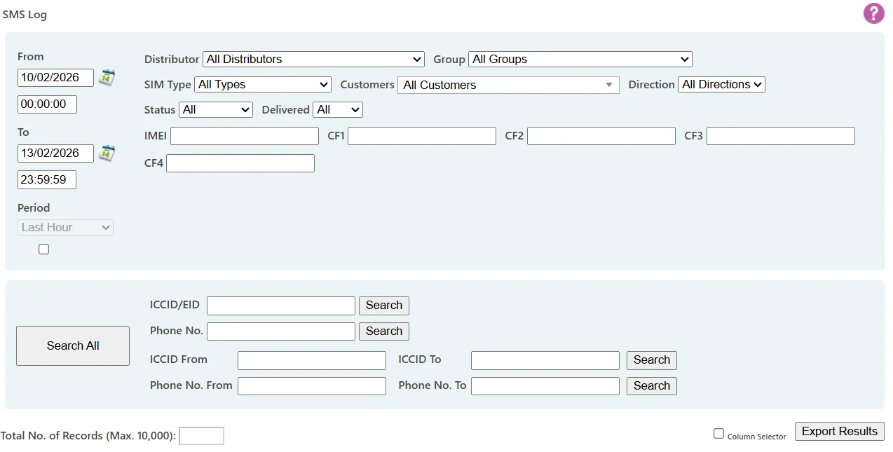 SMS Log page displaying SMS records with timestamps, direction indicators, message content, status, and filtering controls.