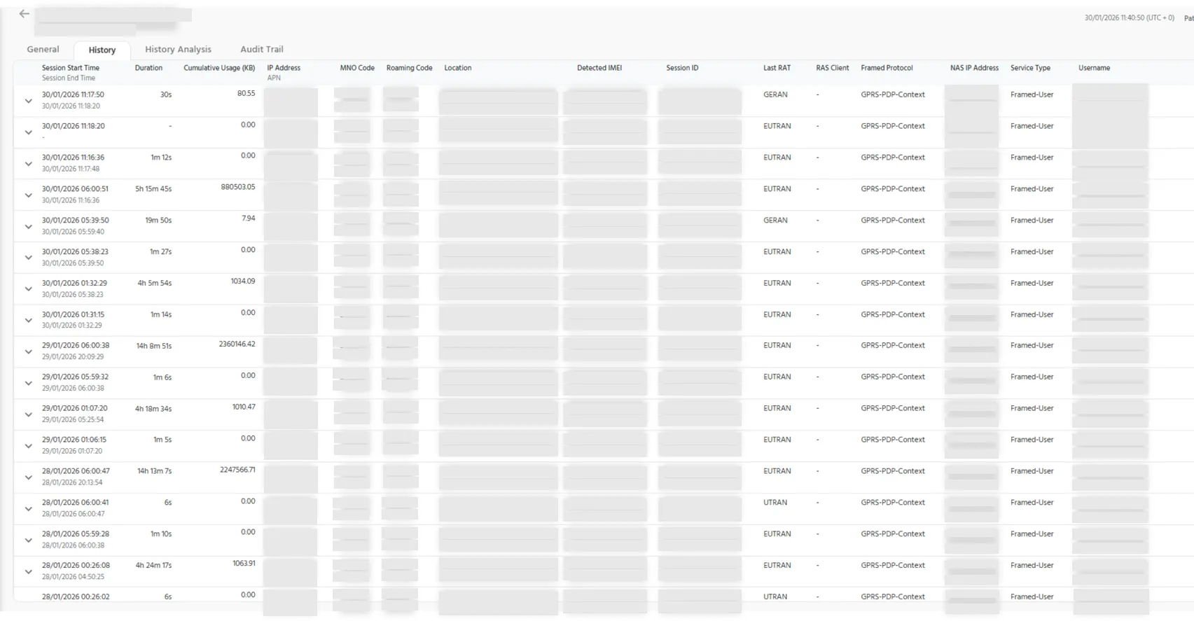 Session History Tab for SIM Details