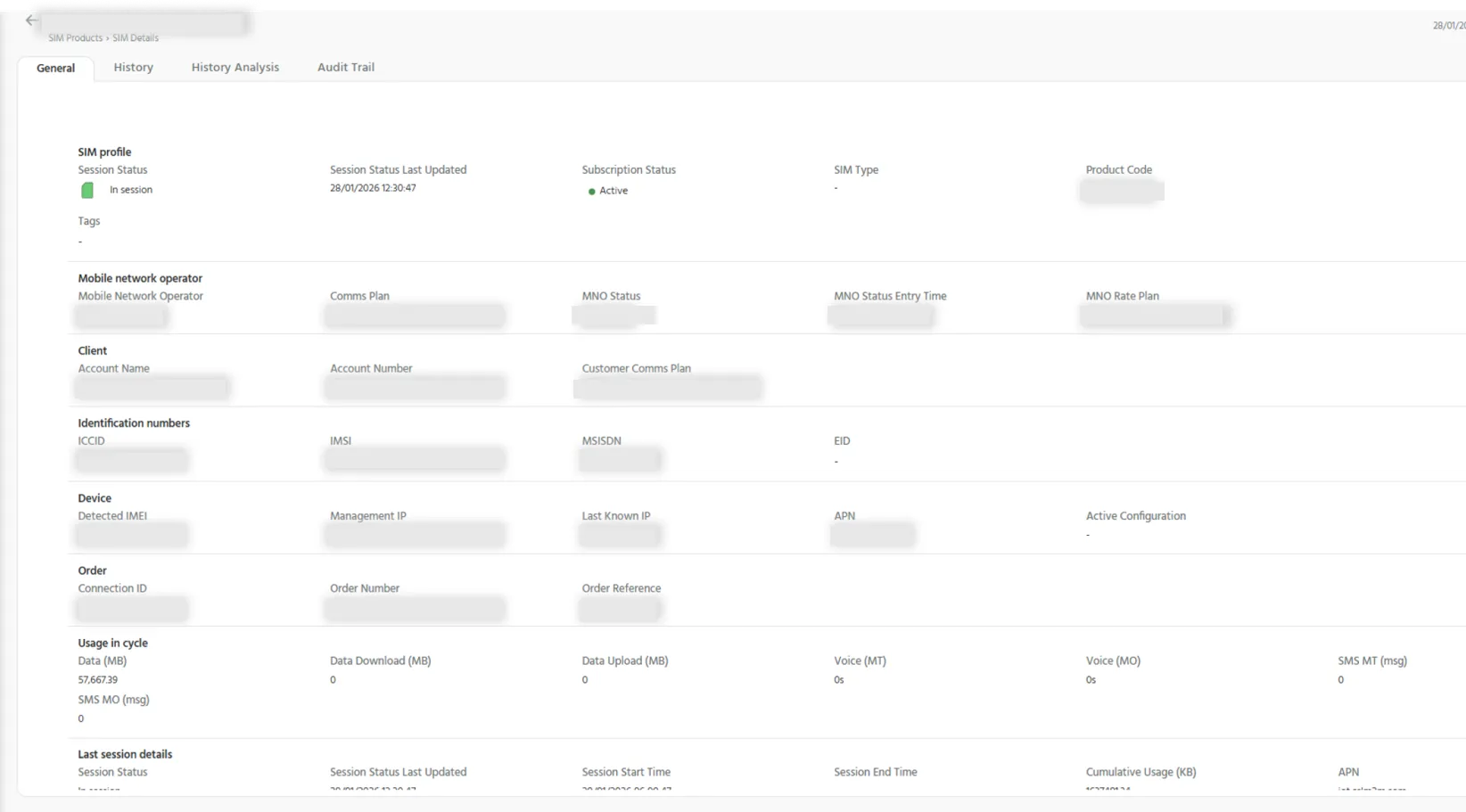 General Tab for SIM Details