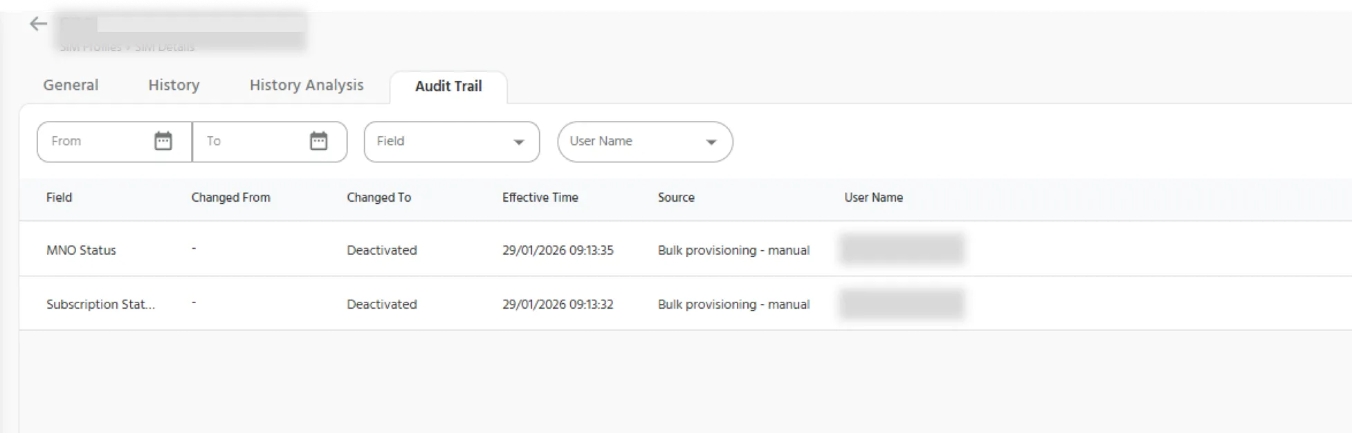 Profile Audit Trail Page