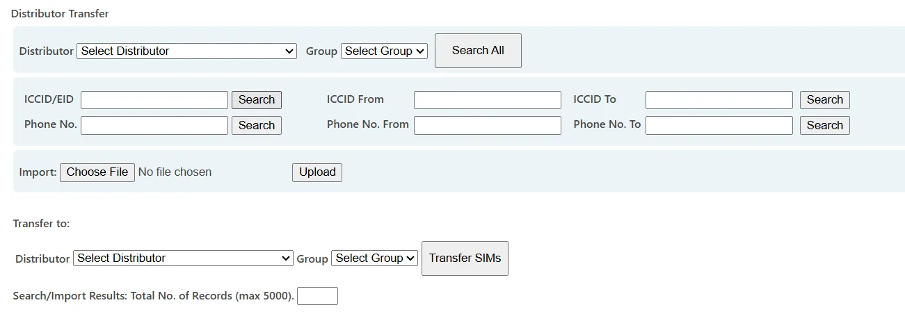 Distributor Transfer page displaying SIM search results, target distributor selection, and pending group selection controls. Distributor Transfer page displaying SIM search results, target distributor selection, and pending group selection controls.