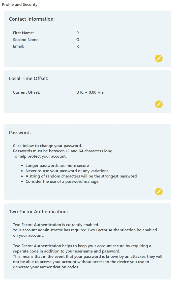Account settings page displaying editable contact information, UTC time offset selection, password change controls, and 2FA setup options.