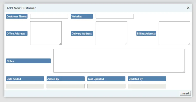 Dialog window showing fields for entering customer name and optional address and contact information.