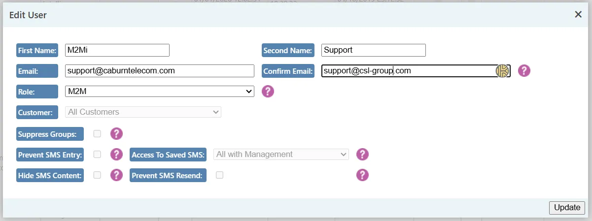 User account edit screen displaying editable user details, role selection dropdown and security options. User account edit screen displaying editable user details, role selection dropdown and security options.