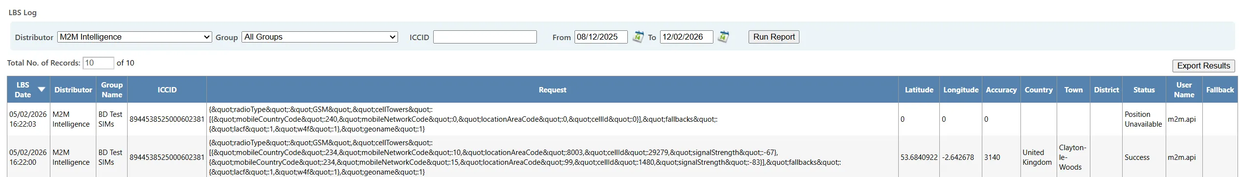 LBS Log page displaying SIM identifiers, query timestamps, and location query results.