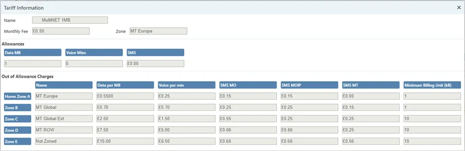 Tariff details showing bundle allowances, home zone, and out-of-allowance charges. Tariff details showing bundle allowances, home zone, and out-of-allowance charges.