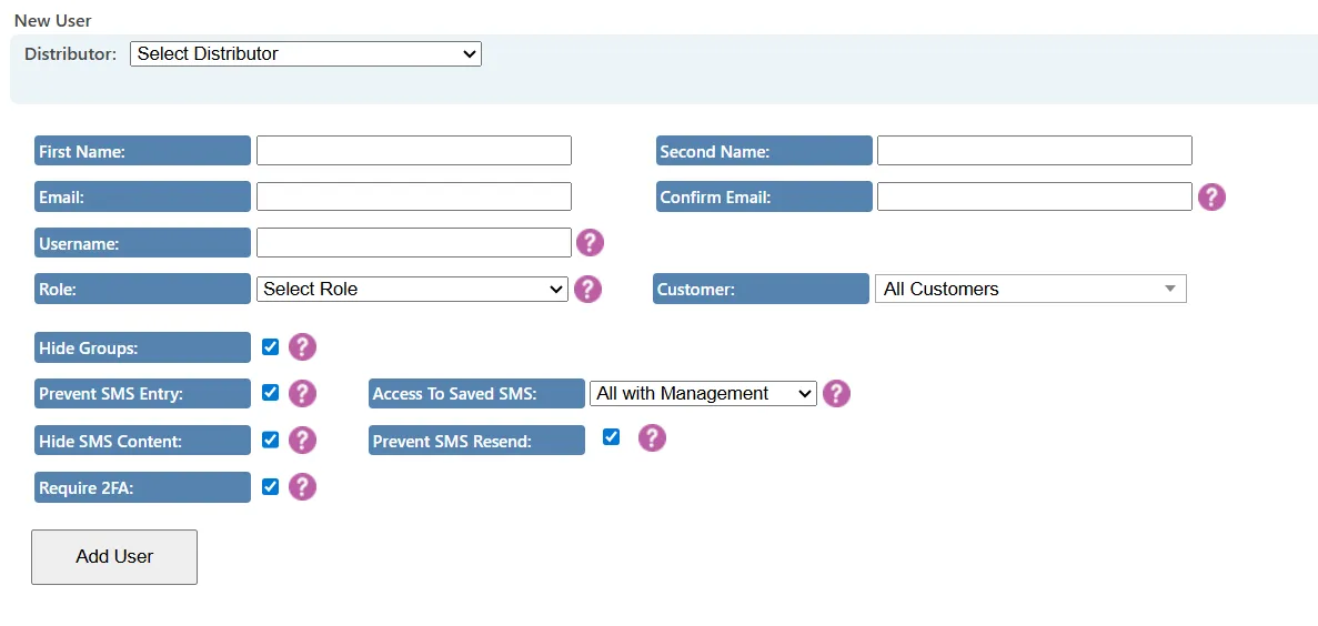 User creation form displaying fields for username, email address, customer restriction, role selection and role options. User creation form displaying fields for username, email address, customer restriction, role selection and role options.