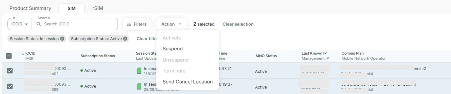 Products page with the Action menu open