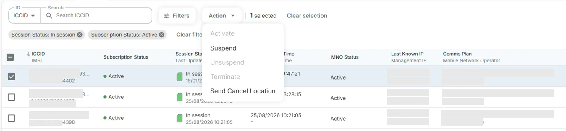 Products page showing the Action menu and lifecycle options
