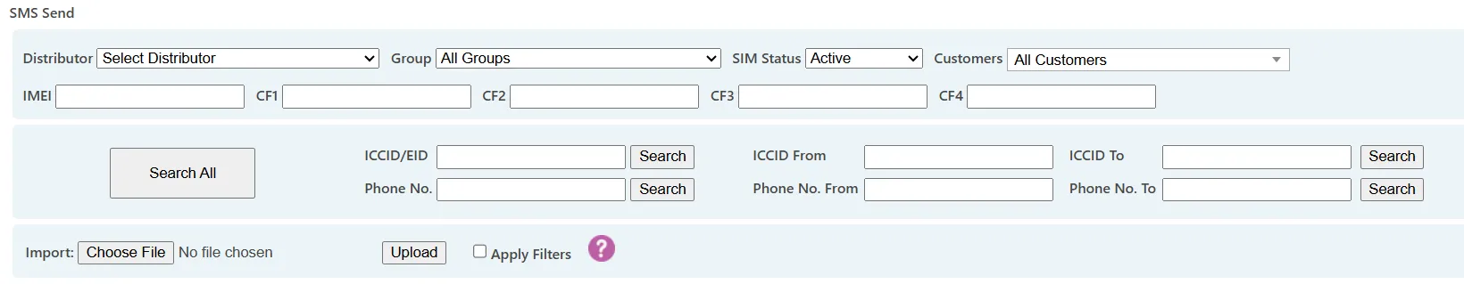 Send SMS page displaying SIM filters, search results table with tick boxes, and selection controls. Send SMS page displaying SIM filters, search results table with tick boxes, and selection controls.