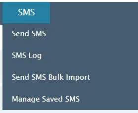 Navigation menu displaying Send SMS, SMS Log, Send SMS Bulk Import, and Manage Saved SMS options.