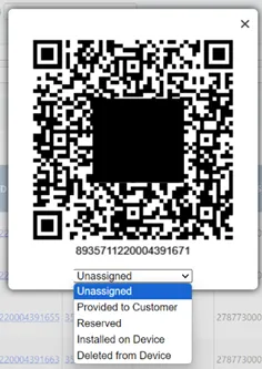 QR code displayed for a single SIM with options to update activation status. QR code displayed for a single SIM with options to update activation status.