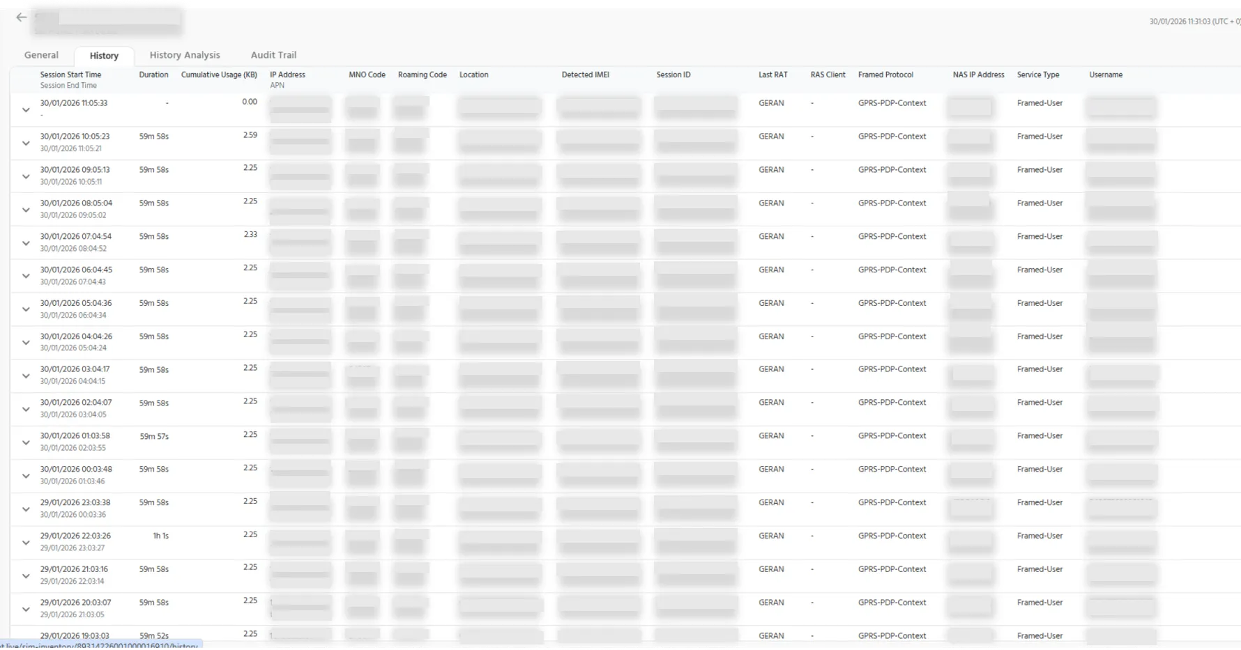 Profile Session History Page 
