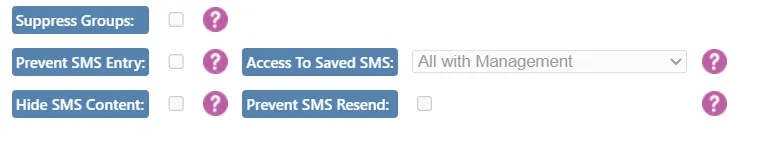 Role configuration screen displaying advanced options such as Hide Groups, Prevent SMS Entry and Saved SMS access levels. Role configuration screen displaying advanced options such as Hide Groups, Prevent SMS Entry and Saved SMS access levels.