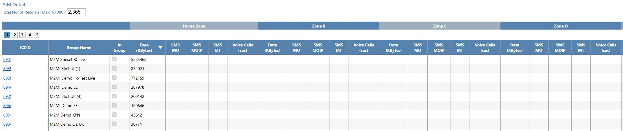 Detailed table listing SIMs with monthly usage by geographical zone and an indicator showing whether the SIM remained in the group at month end.