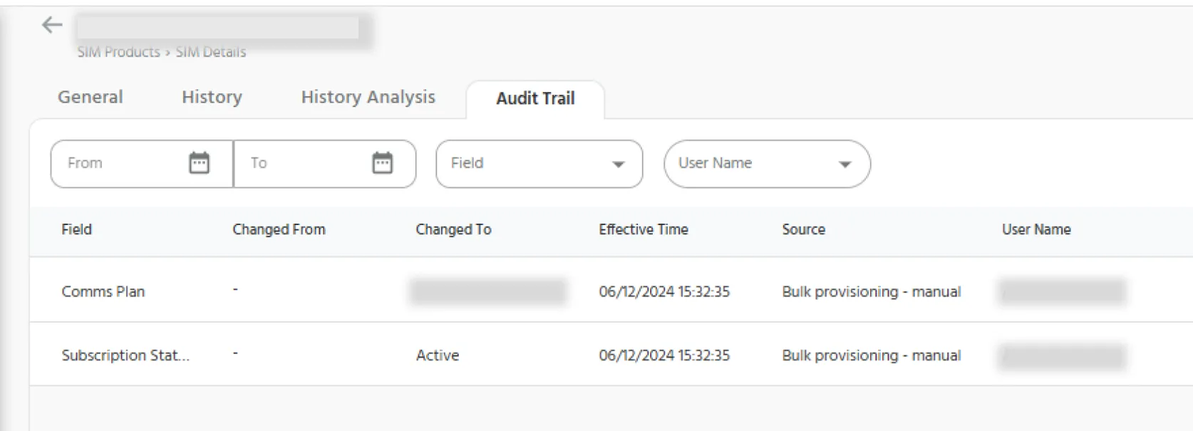 Audit Trail Tab for SIM Details