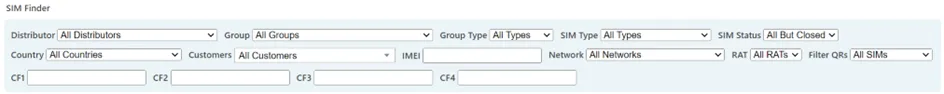 Filter panel showing dropdowns and input fields for distributor, group, customer, country, network, SIM type, and SIM status. Filter panel showing dropdowns and input fields for distributor, group, customer, country, network, SIM type, and SIM status.