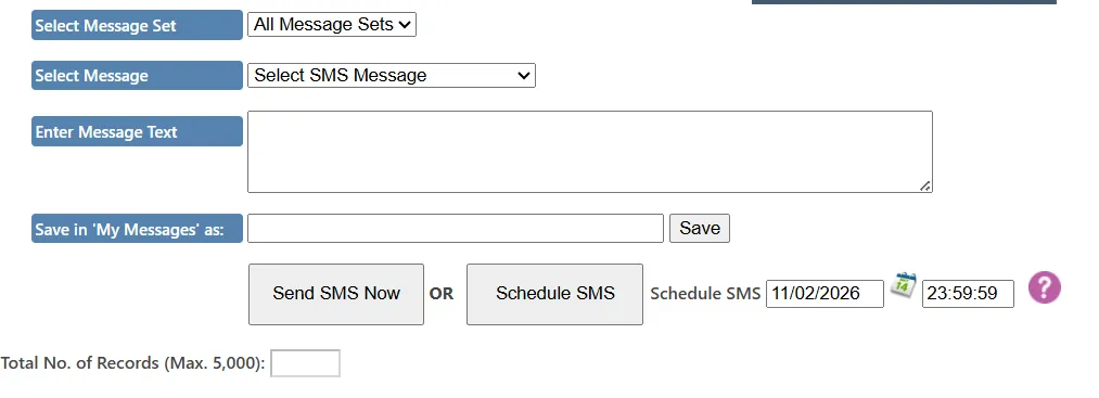 Send SMS page showing message text box, saved message dropdown, schedule date and time fields, and send buttons. Send SMS page showing message text box, saved message dropdown, schedule date and time fields, and send buttons.