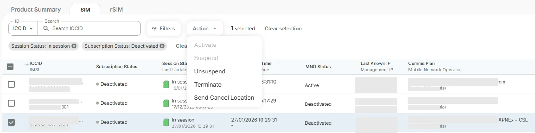 Products page showing the Action menu and lifecycle options