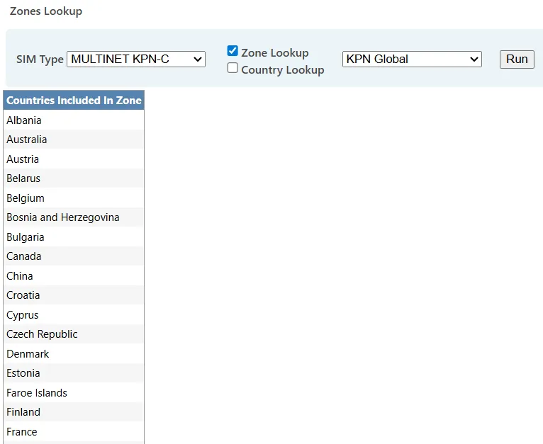 Lookup interface displaying SIM type selection, zone selection, and country search with results listing associated zones and countries. Lookup interface displaying SIM type selection, zone selection, and country search with results listing associated zones and countries.