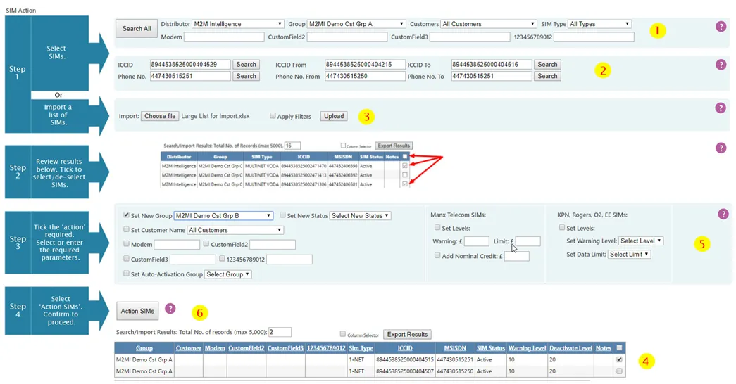 SIM Action page displaying filter controls, SIM selection table with tick boxes, action dropdown, and progress indicator. SIM Action page displaying filter controls, SIM selection table with tick boxes, action dropdown, and progress indicator.