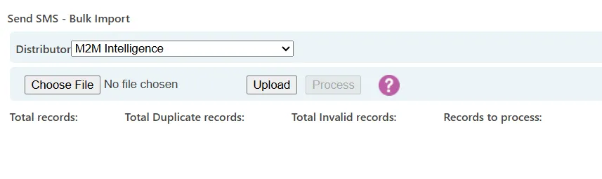 Send SMS Bulk Import page showing file upload control, validation results, and process button. Send SMS Bulk Import page showing file upload control, validation results, and process button.