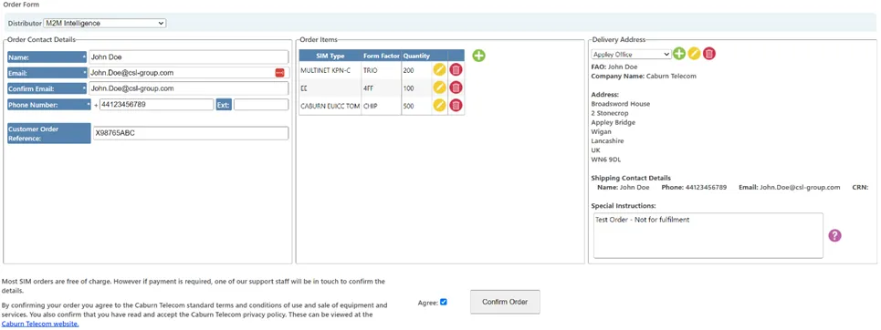 Order Form page displaying contact information fields, SIM selection dropdowns, quantity inputs, and delivery address options.