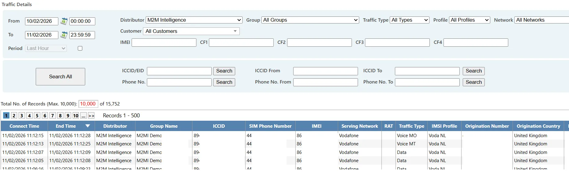Results table displaying traffic records with timestamps, SIM identifiers, traffic types, networks, countries, and usage values. Results table displaying traffic records with timestamps, SIM identifiers, traffic types, networks, countries, and usage values.