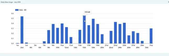 Charts showing twelve months of data, SMS, and voice usage with selectable recent months for daily breakdown analysis. Charts showing twelve months of data, SMS, and voice usage with selectable recent months for daily breakdown analysis.