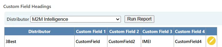  Settings page showing four editable custom field headings for SIM records.