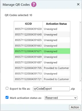 Popup window listing ICCIDs with QR code activation status and options to export or update status. Popup window listing ICCIDs with QR code activation status and options to export or update status.