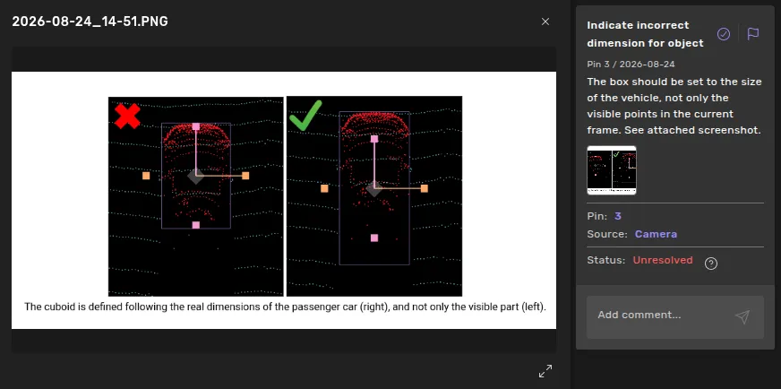 To the left: An example of the image viewer showing an image that contains some bounding box instructions. To the right: a feedback item that states that a vehicle should be annotated as per the attached image.