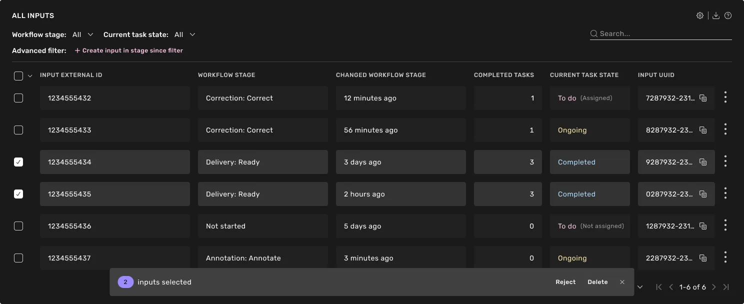 Batch actions in the input table