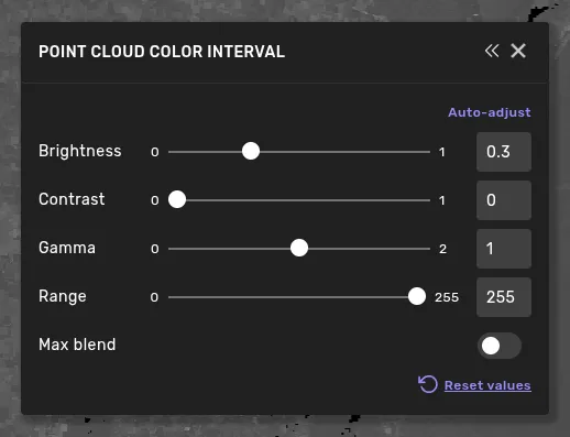 Top bar -> Window menu -> Point cloud color interval Top bar -> Window menu -> Point cloud color interval