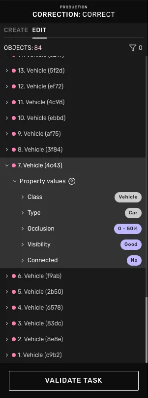 The edit tab with object list