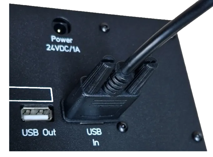 Fully inserted and screwed in USB-B plug