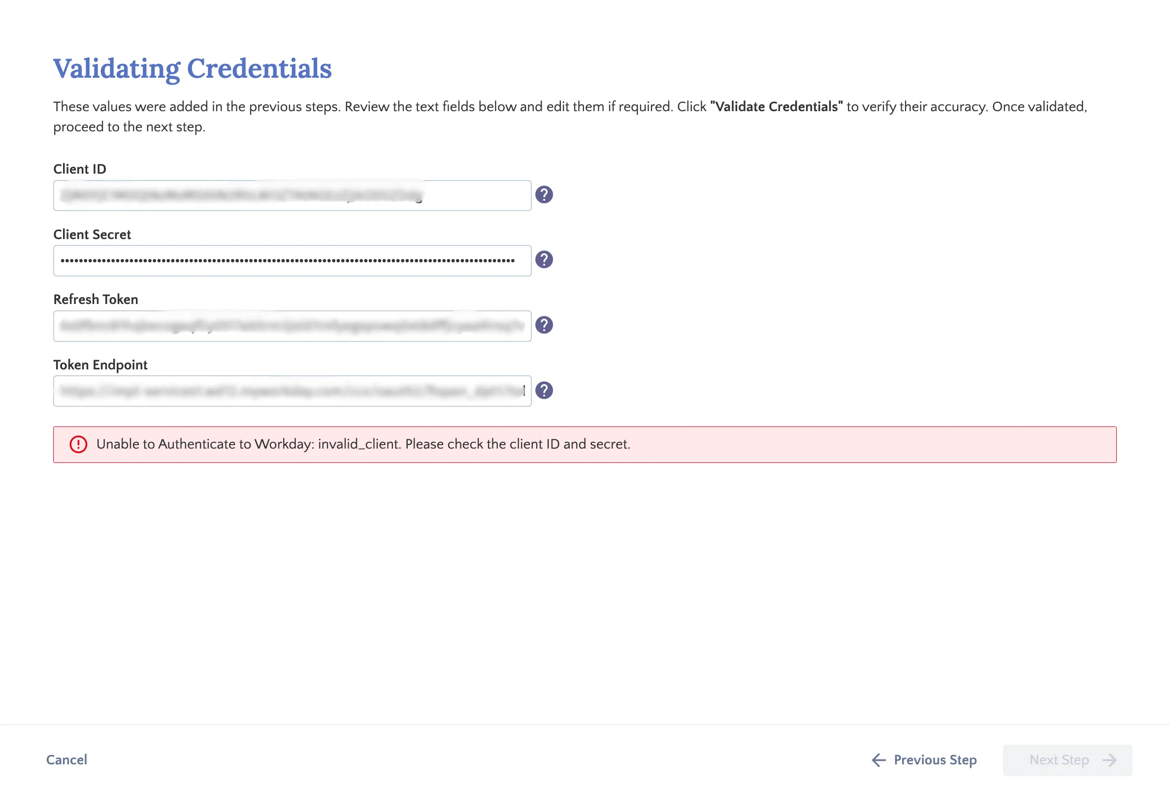 Validate Credentials Failed Validate Credentials Failed