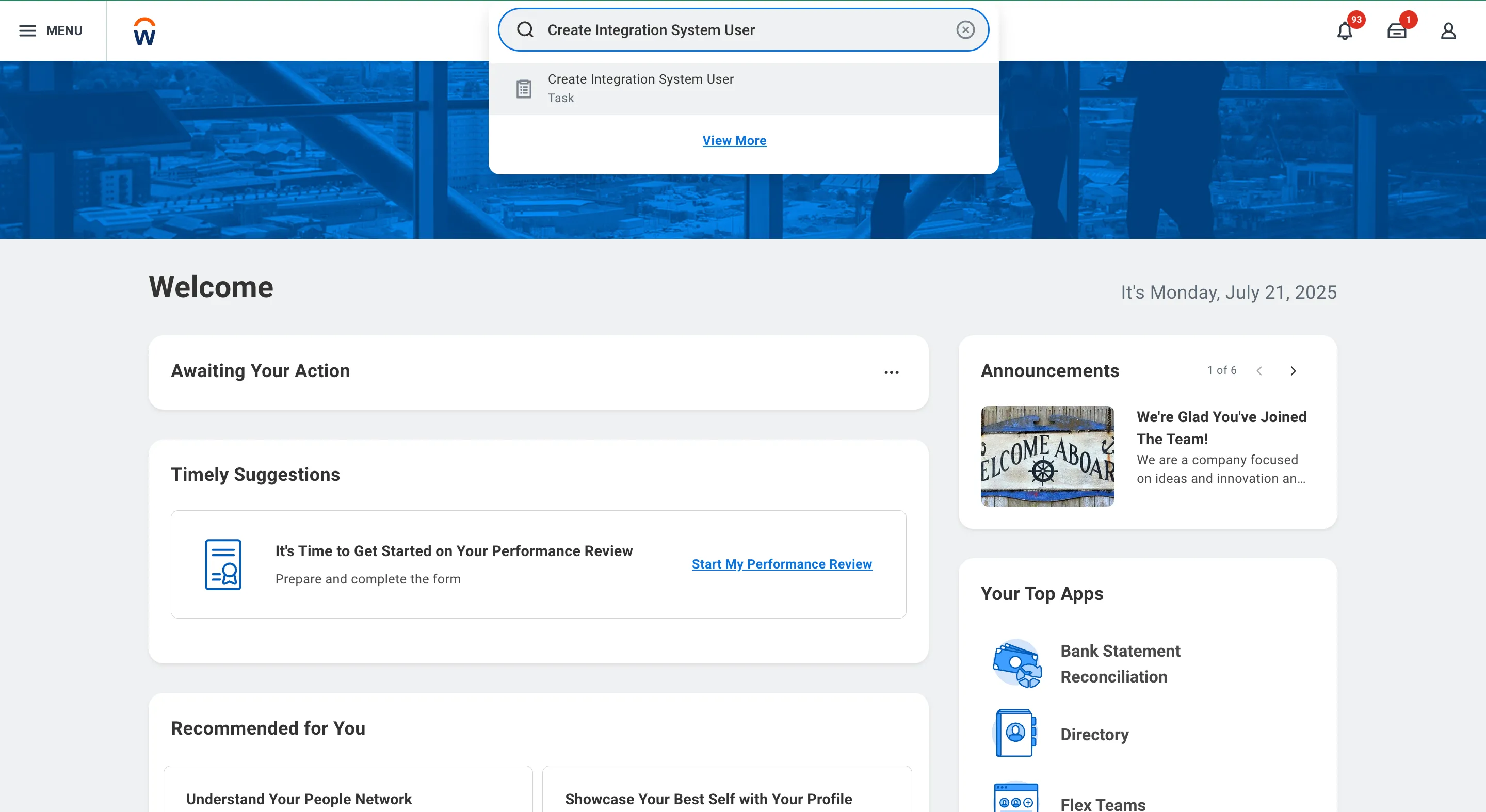 Search and Open Create Integration System User Task