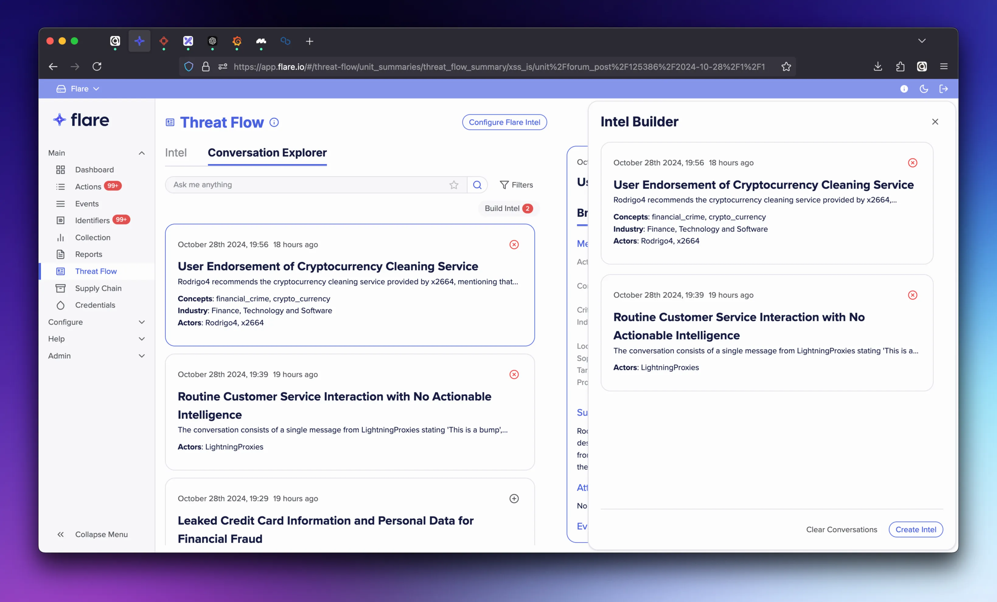 Intel Builder populated with 2 Conversations