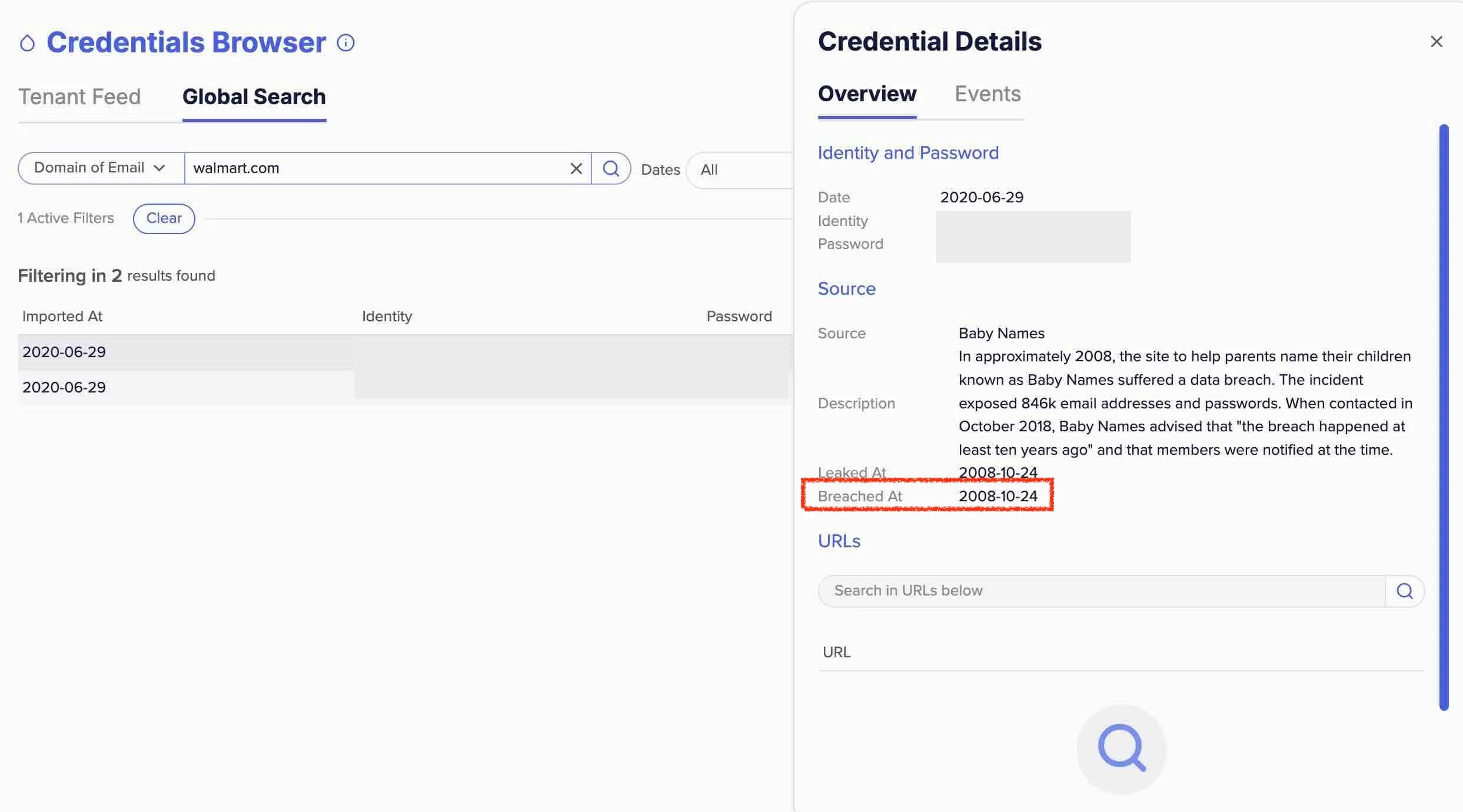 Breached At in the Credential Details