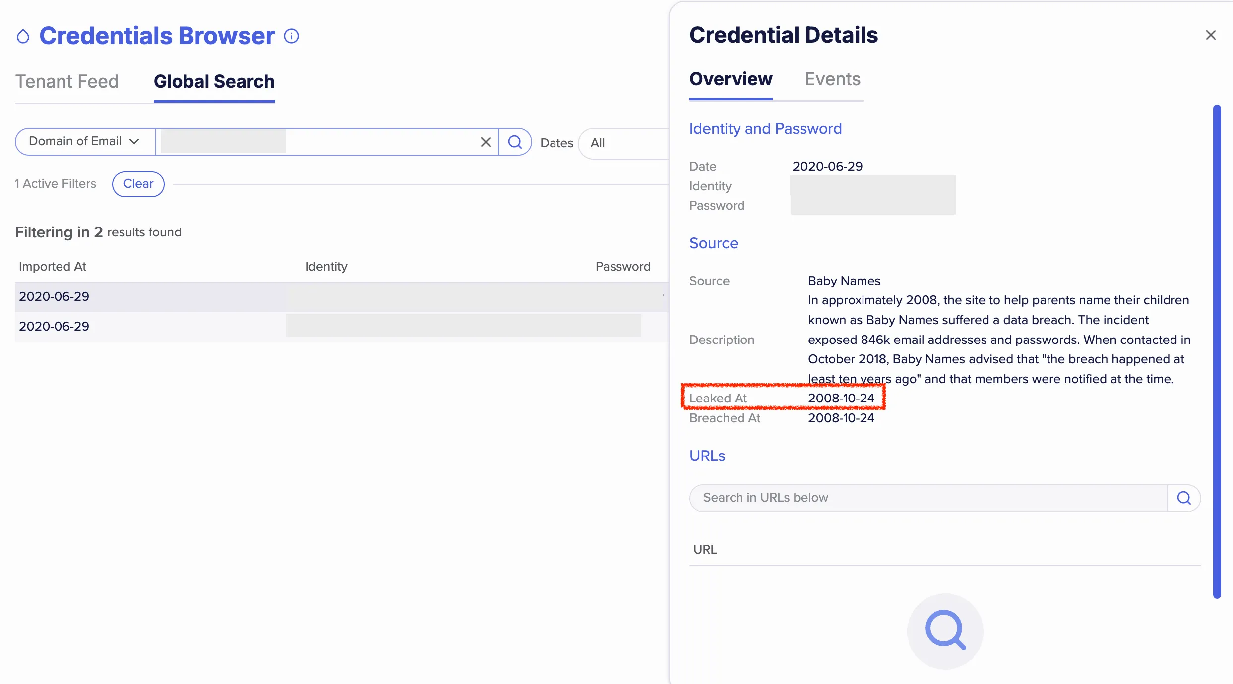 Leaked At in the Credential Details