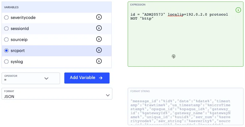 Building a custom syslog filter expression based on the log fields: message ID, local IP address, and protocol. Building a custom syslog filter expression based on the log fields: message ID, local IP address, and protocol.