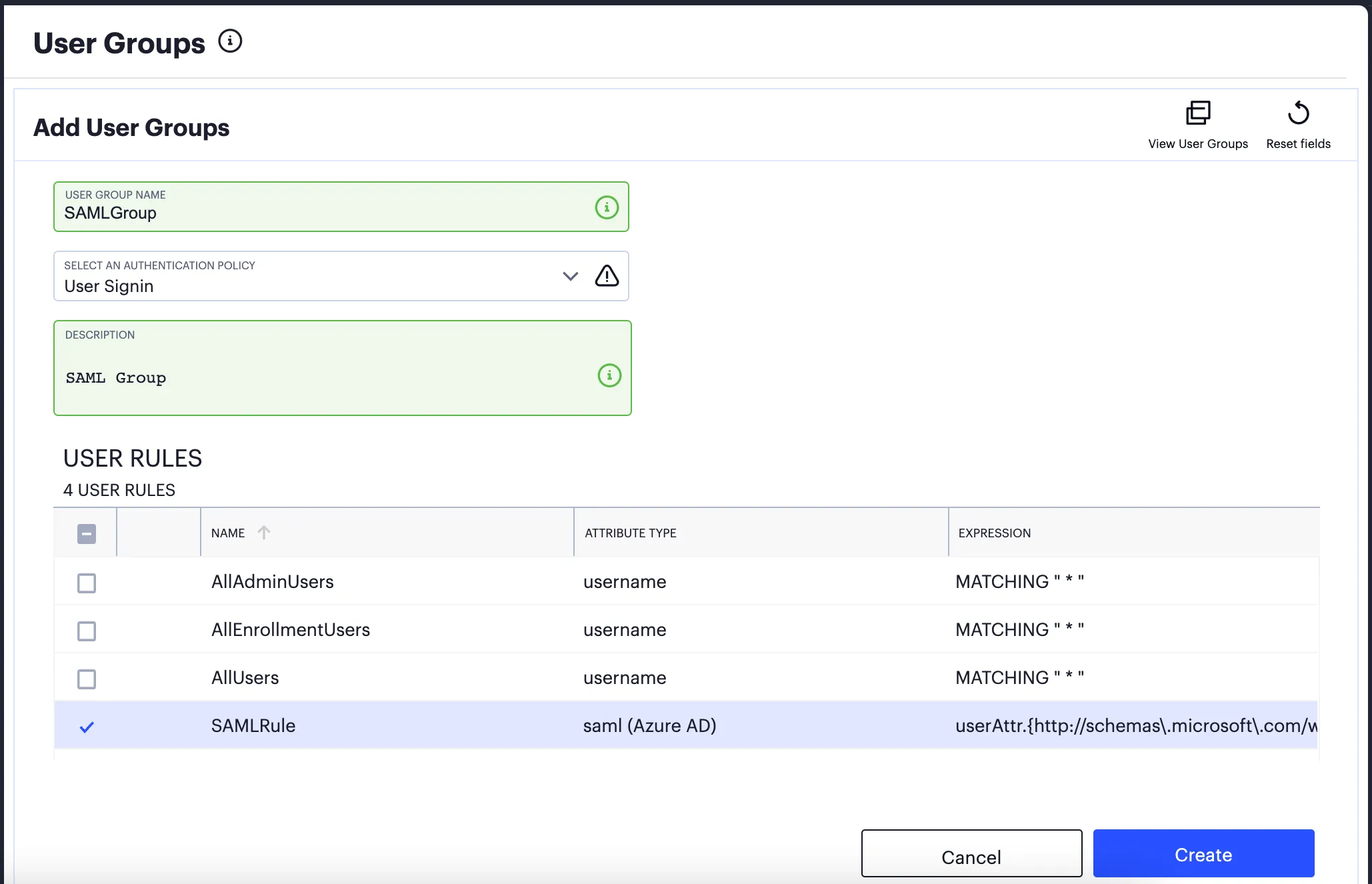 Configuring a User Rule Group with a User Authentication Policy and User Rule