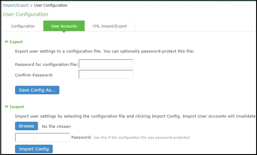 Import User Configuration Binary File Configuration Page