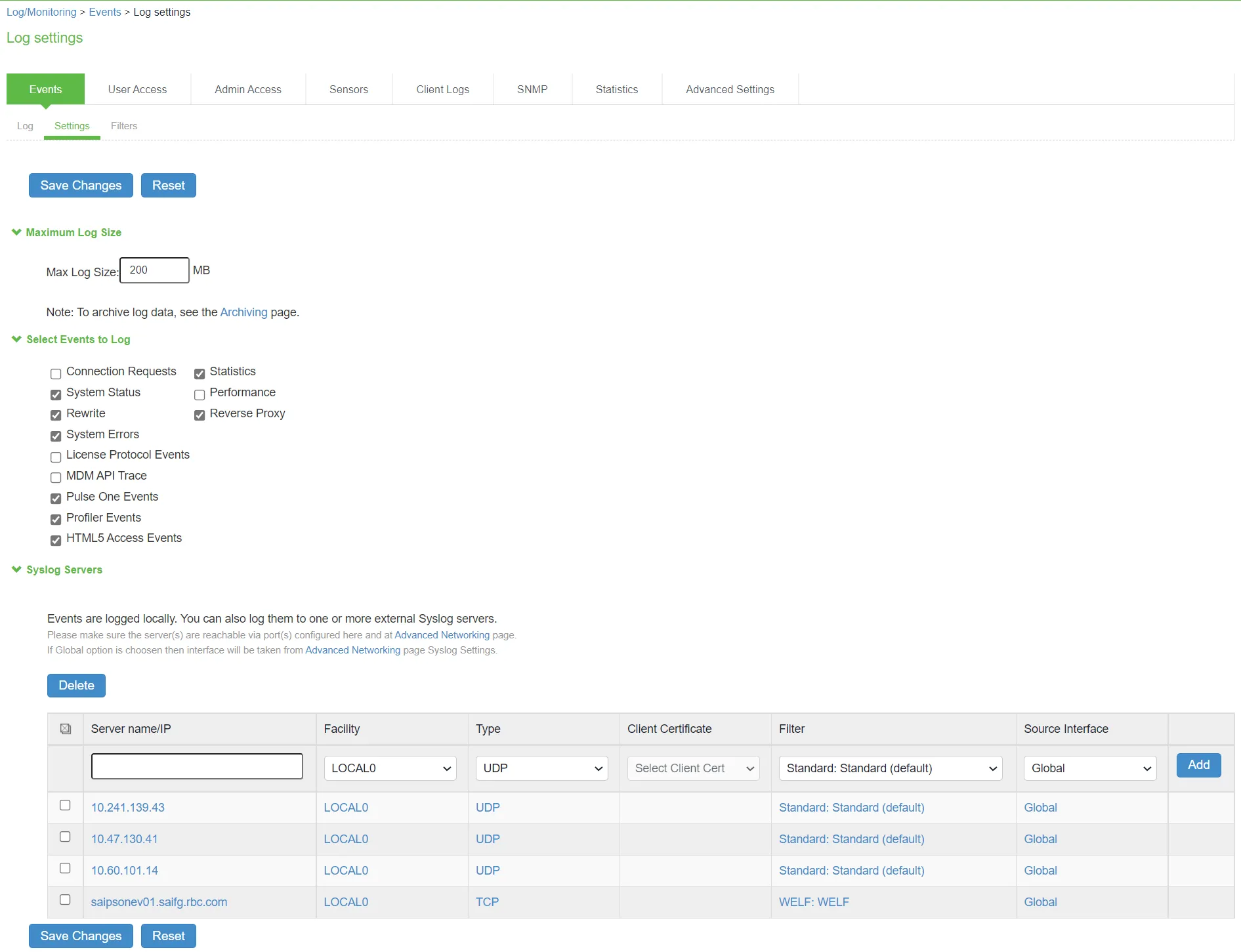 Syslog Server Configuration Page Syslog Server Configuration Page