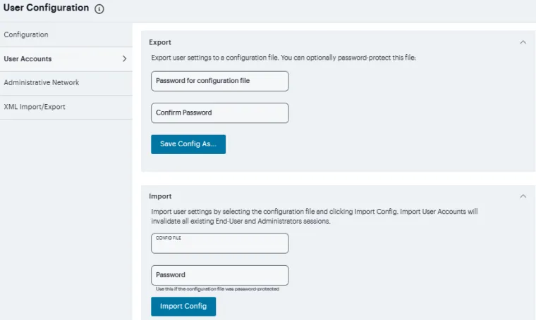 Binary Export User Configuration File Configuration Page