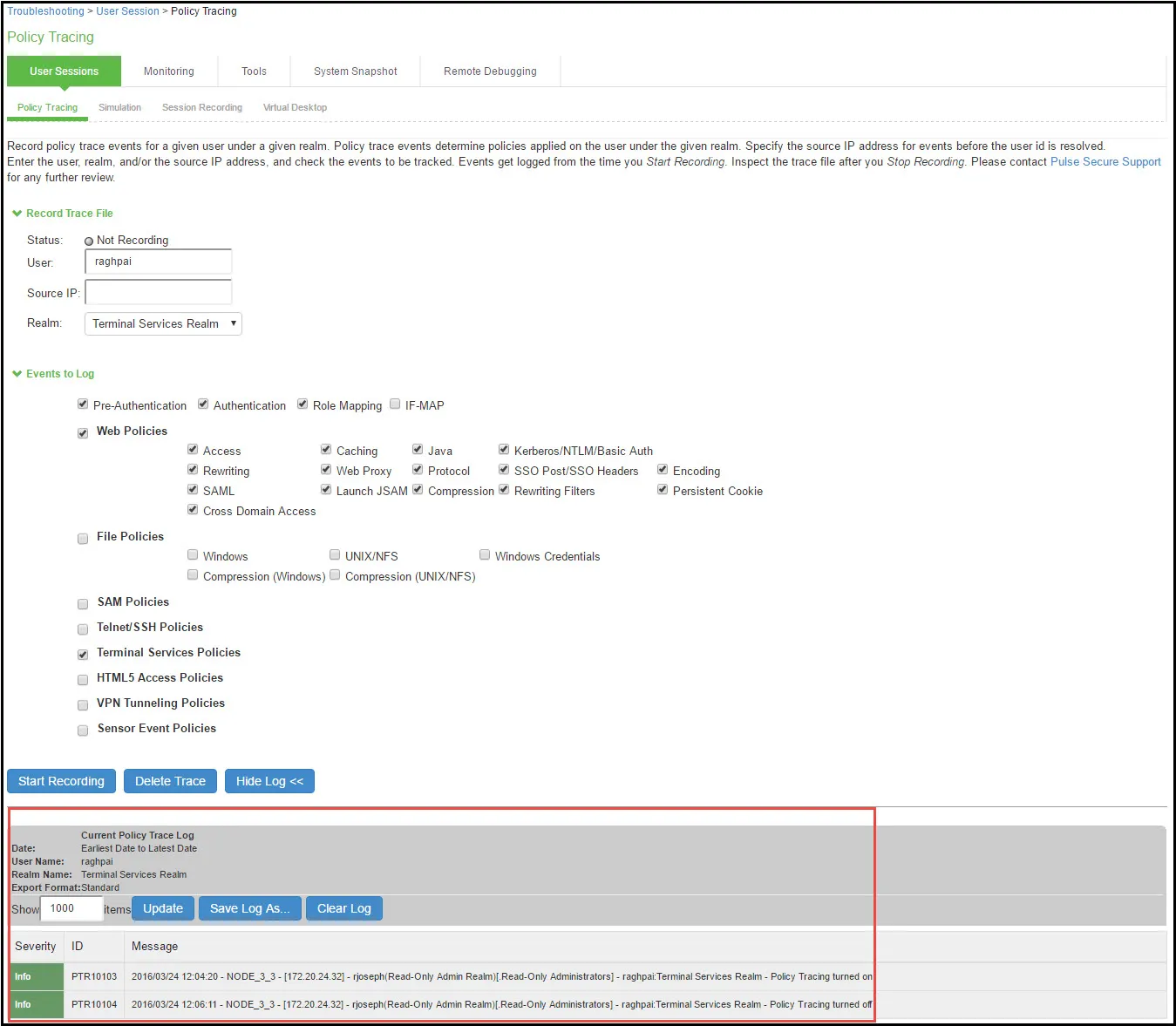 Policy Tracing Results Page Policy Tracing Results Page